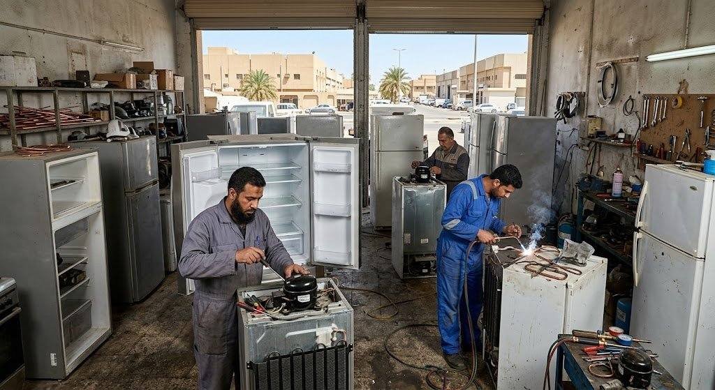 فني محترف يقوم بفحص وتصليح الثلاجة بدقة وإتقان باستخدام أحدث المعدات ضمن خدمات فني تصليح ثلاجات القبلة لضمان كفاءة التبريد وراحة العملاء.
