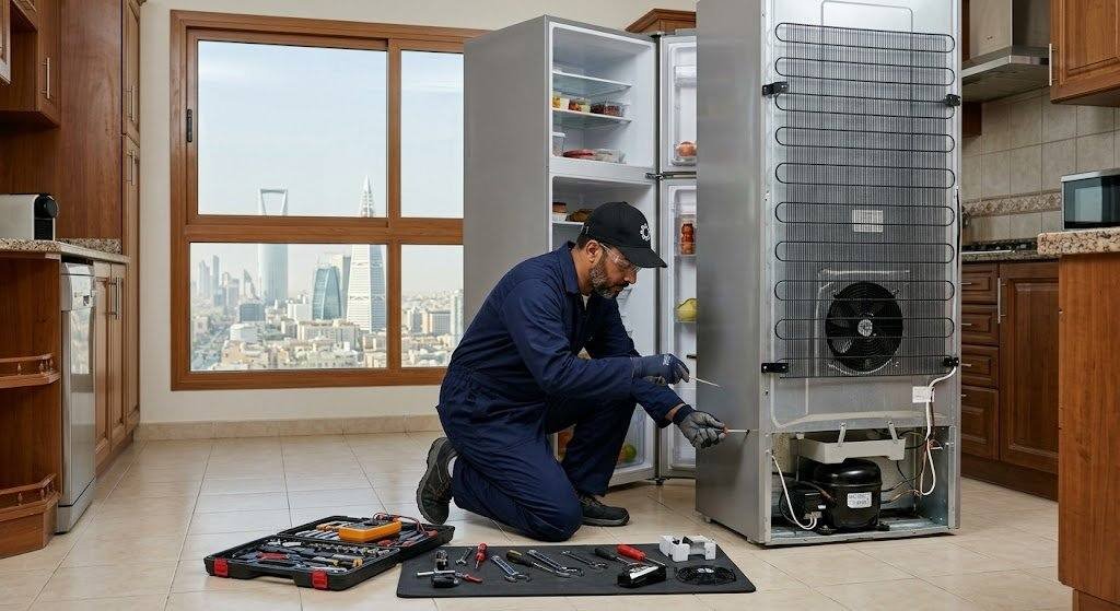 فني محترف يقوم بفحص وصيانة الثلاجة بدقة وإتقان باستخدام أحدث المعدات وأجهزة القياس ضمن خدمات تصليح ثلاجات أبوحليفة بالكويت لضمان أعلى كفاءة للتبريد وراحة العملاء.
