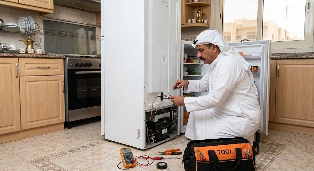 فني محترف يقوم بأعمال فحص وصيانة الثلاجات بدقة وأمان باستخدام أحدث المعدات وقطع الغيار الأصلية ضمن خدمات تصليح ثلاجات الصليبيخات الكويت لضمان كفاءة التبريد وراحة العملاء.