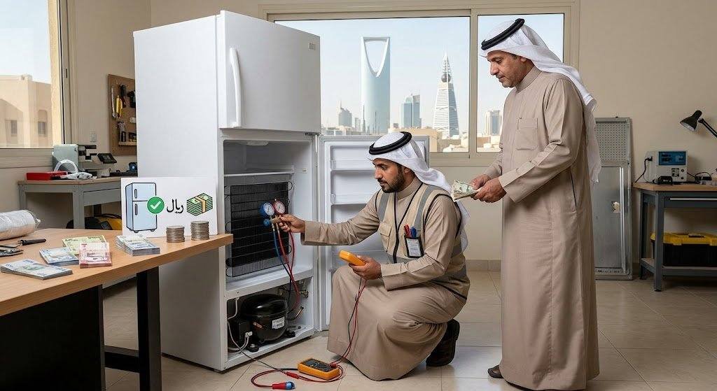 فني محترف يقوم بأعمال فحص وصيانة وتصليح الثلاجات بدقة وأمان باستخدام أحدث المعدات وقطع الغيار الأصلية ضمن خدمات شركة تصليح ثلاجات باليرموك لضمان كفاءة التبريد وراحة العملاء.
