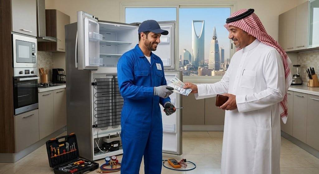 فني محترف يقوم بفحص وصيانة الثلاجة بدقة وأمان باستخدام أحدث المعدات وقطع الغيار الأصلية ضمن خدمات تصليح ثلاجات اشبيلية الكويت لضمان كفاءة التبريد وراحة العملاء.
